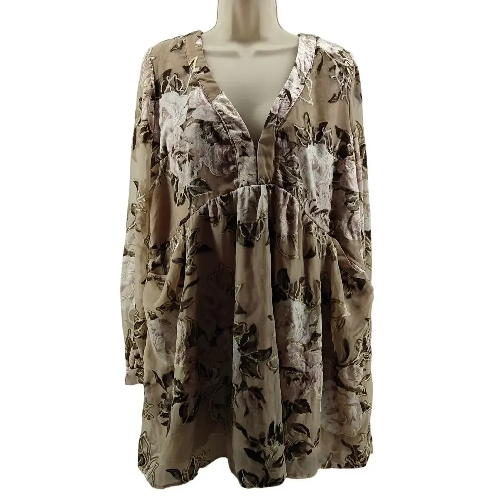 Free People Velvet Tunic Dress Womens Xsmall Taupe Pink Floral
